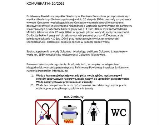 Komunikat Sanepidu: woda w Golczewie i Sosnowicach niezdatna do spożycia