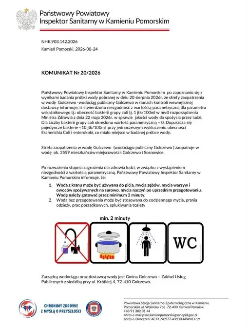 Komunikat Sanepidu: woda w Golczewie i Sosnowicach niezdatna do spożycia