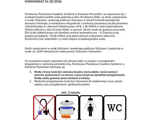 Woda w Golczewie i Sosnowicach do przegotowania – ważny komunikat sanepidu