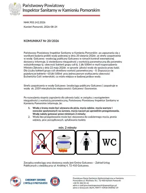 Woda w Golczewie i Sosnowicach do przegotowania – ważny komunikat sanepidu