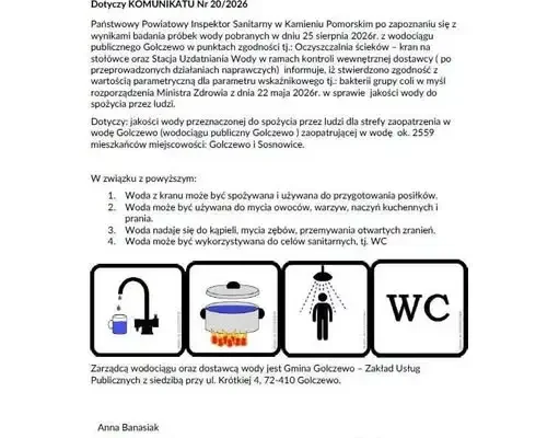Woda w Golczewie i Sosnowicach znów zdatna do picia – Sanepid wydał pozytywny komunikat