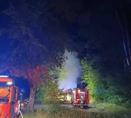 Pożar sterty gałęzi na drodze Wołowiec – Mechowo. Nocna akcja strażaków